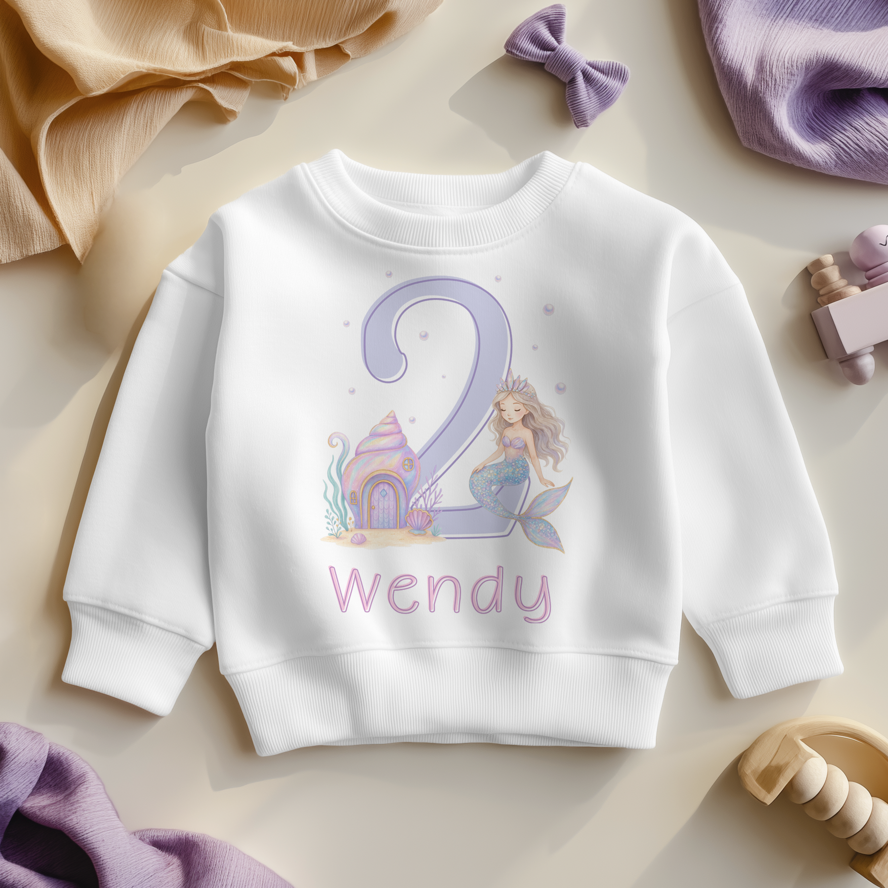 Personalised Name Girls Jumper 2nd Birthday Mermaid Seashell House Underwater Pearls for Toddler Gift