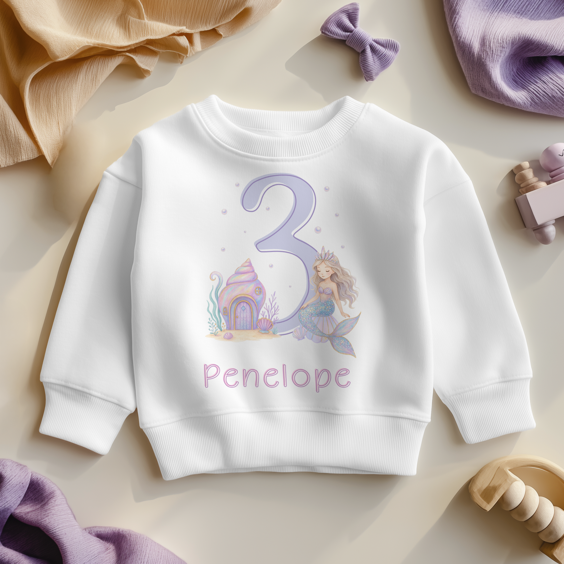Personalised Name Girls Jumper 3rd Birthday Mermaid Seashell Castle Pearls Bubbles for Kids Gift