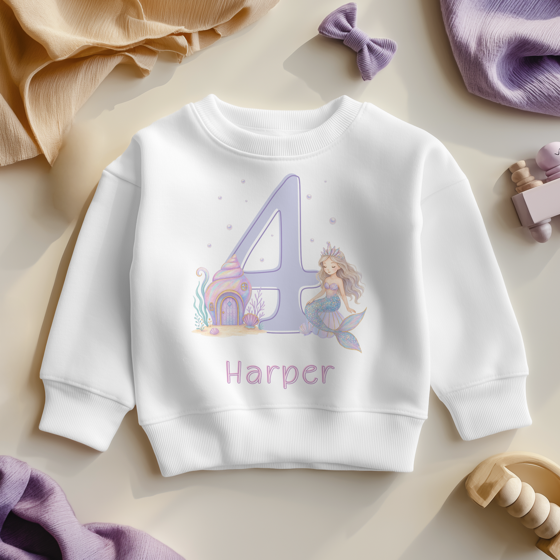 Personalised Name Girls Jumper 4th Birthday Mermaid Princess Seashell Castle Pearls for Kids Gift