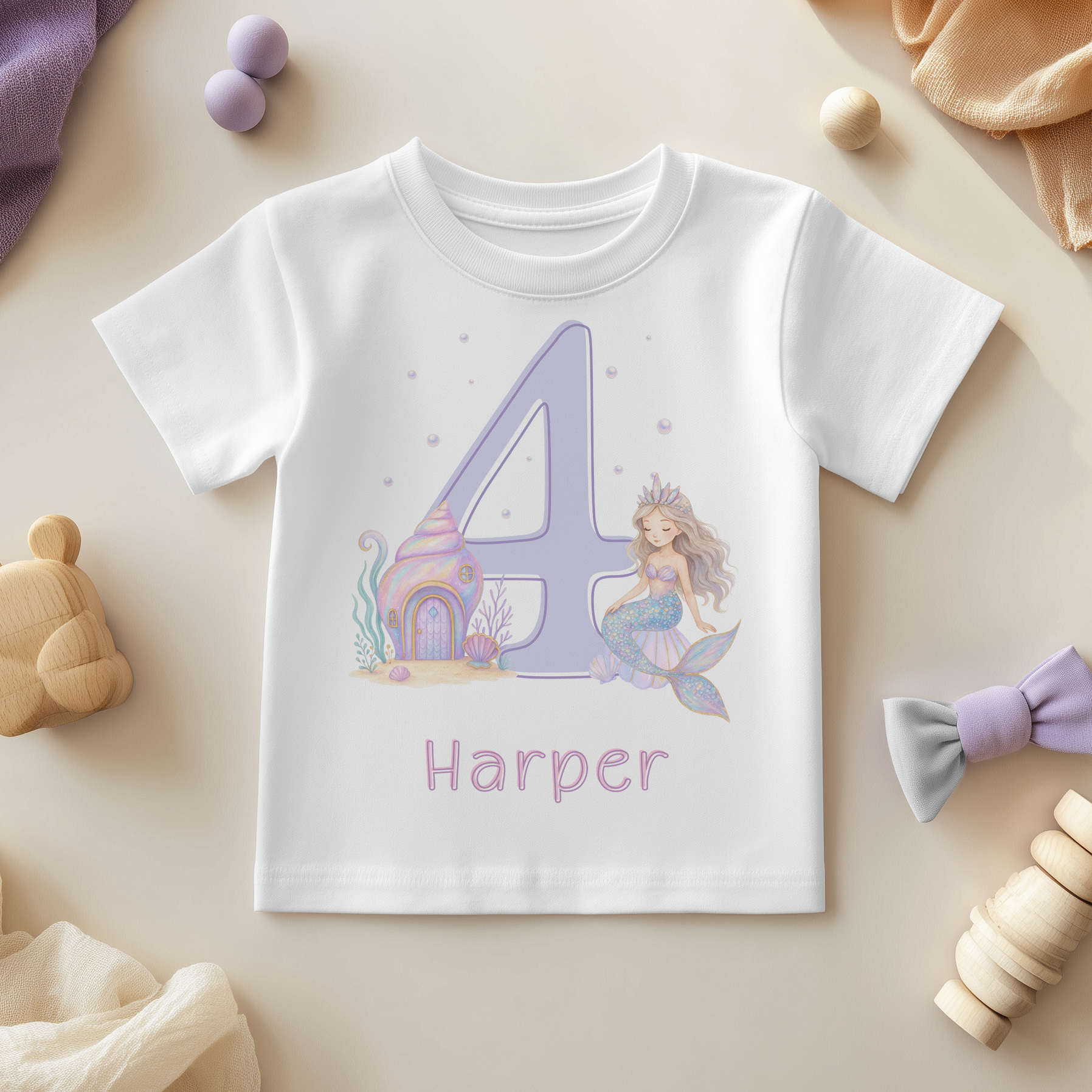 Personalised Name Girls T-Shirt 4th Birthday Mermaid Tail Seaweed Castle Pearls for Kids Gift