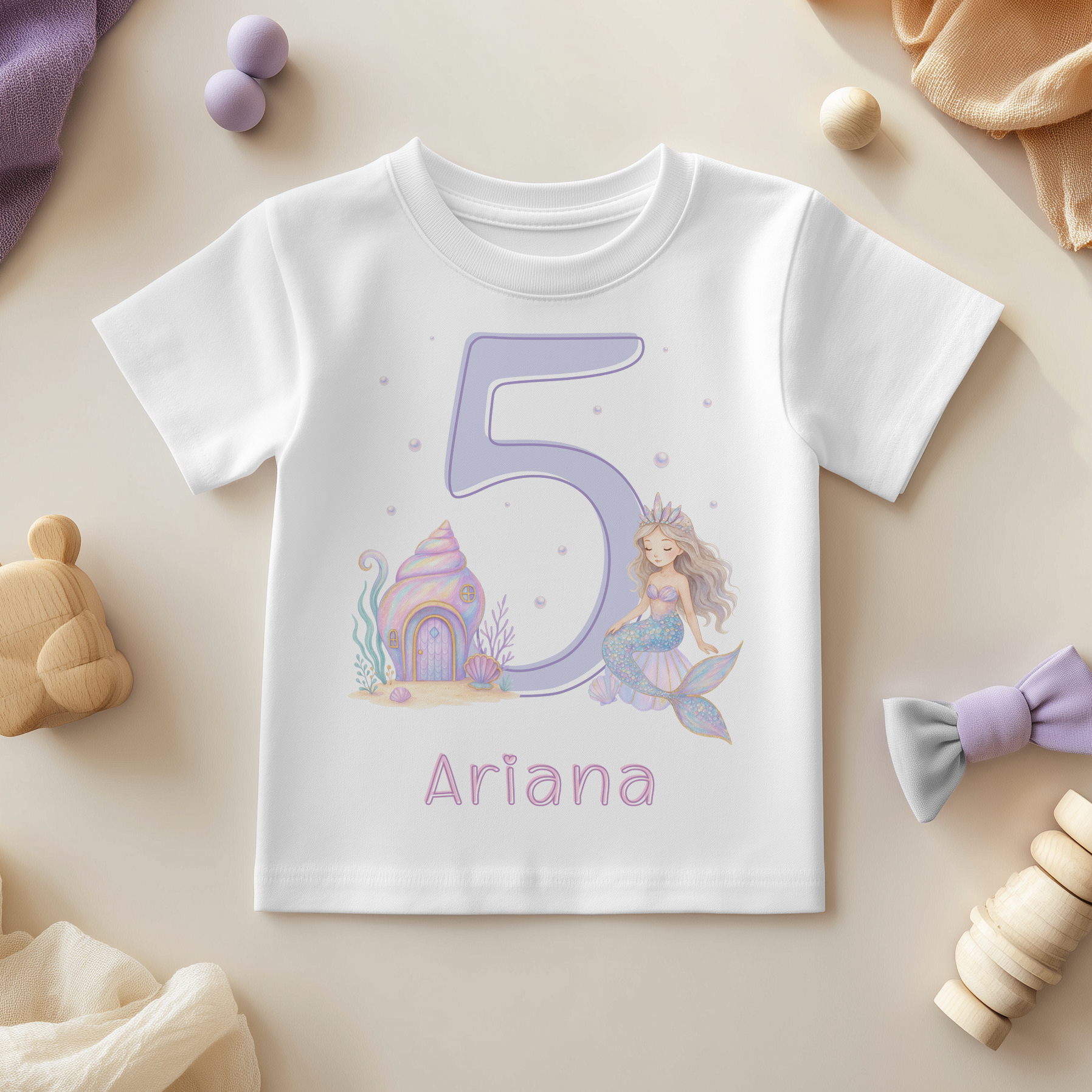 Personalised 5th Birthday Lilac Mermaid & Seashell T-Shirt for Girls & Kids