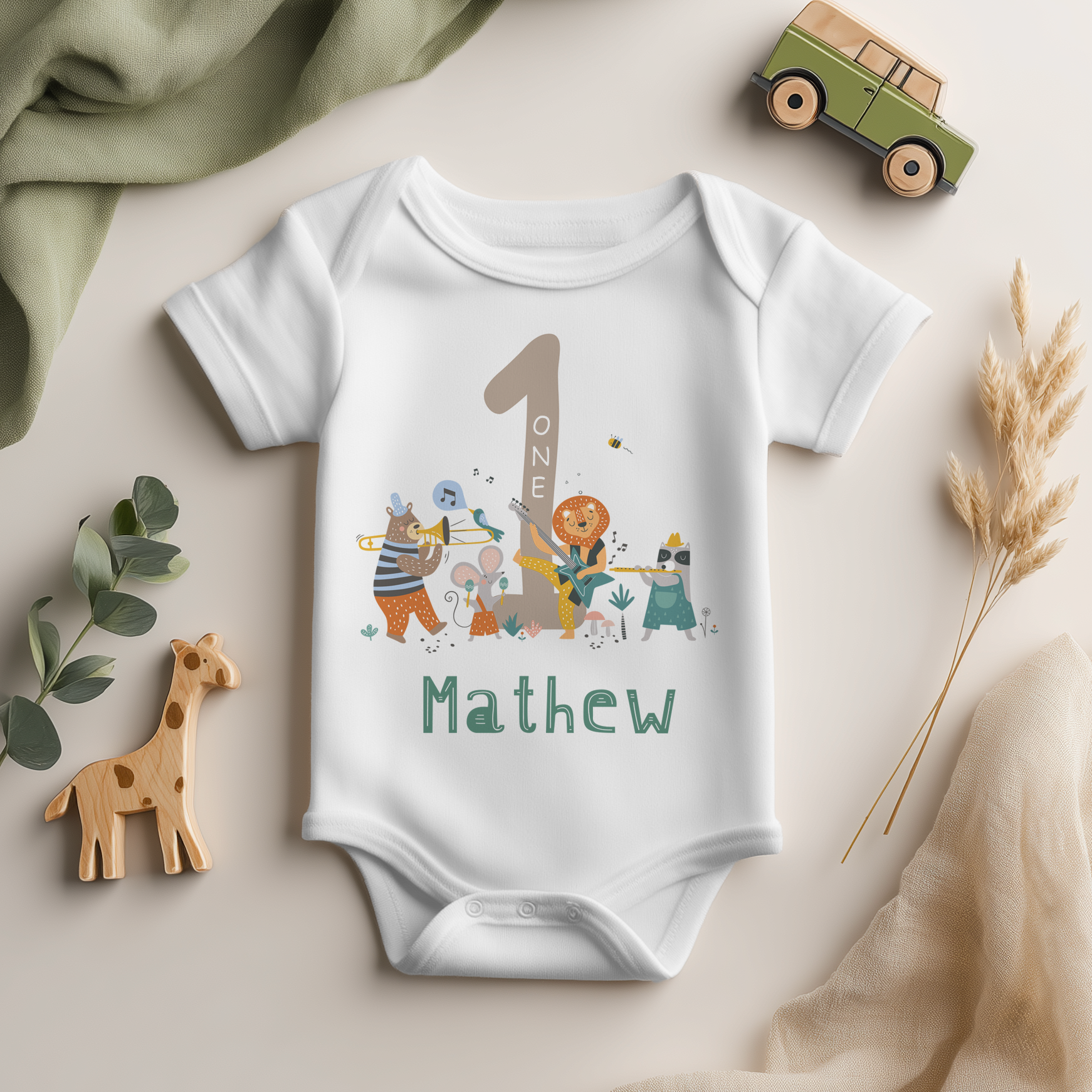 1st Birthday Animal Band Musicians Personalised Baby Bodysuit