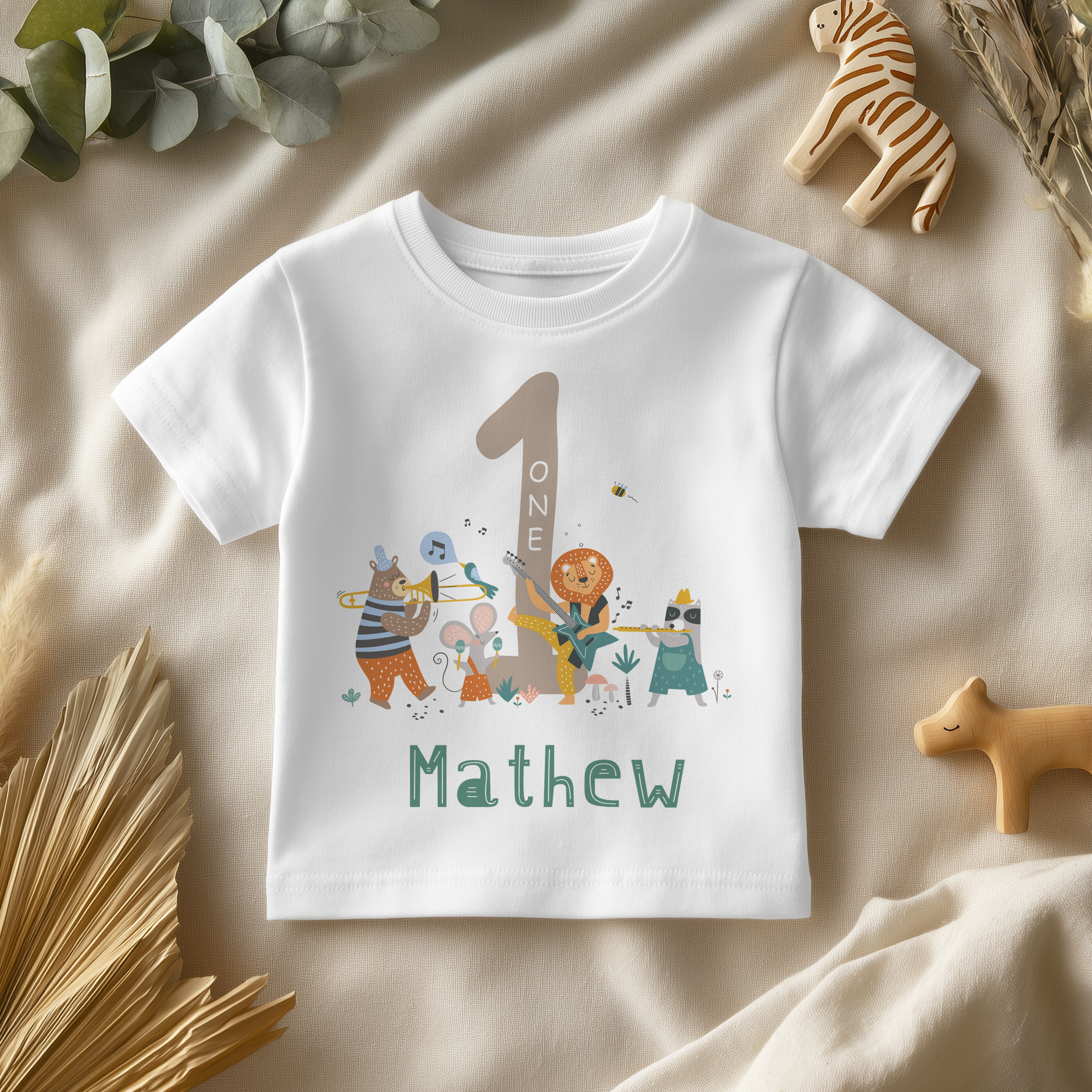 1st Birthday Animal Band Musicians Personalised Toddler & Kids T Shirt