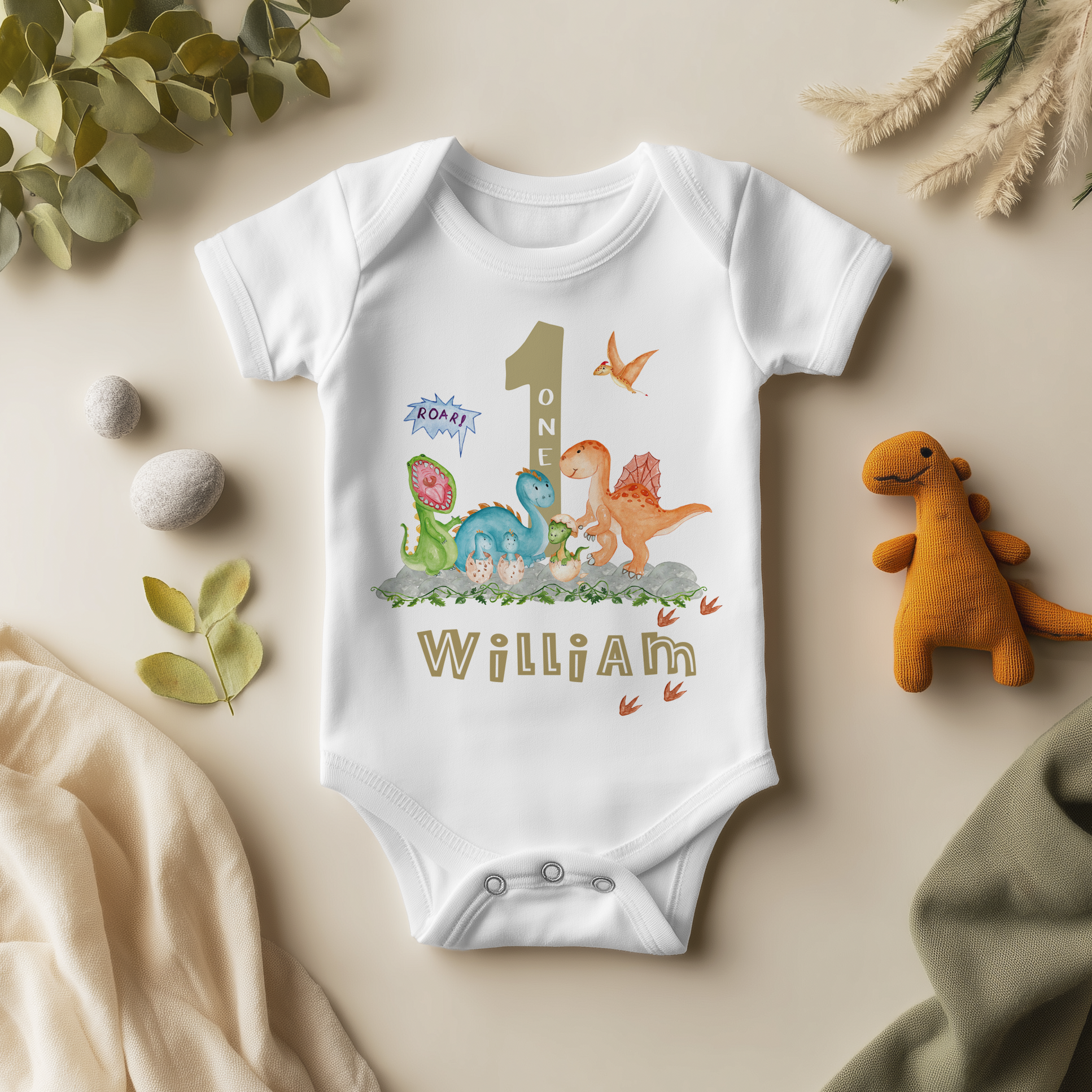 1st Birthday Dinosaur Themed Personalised Baby Bodysuit
