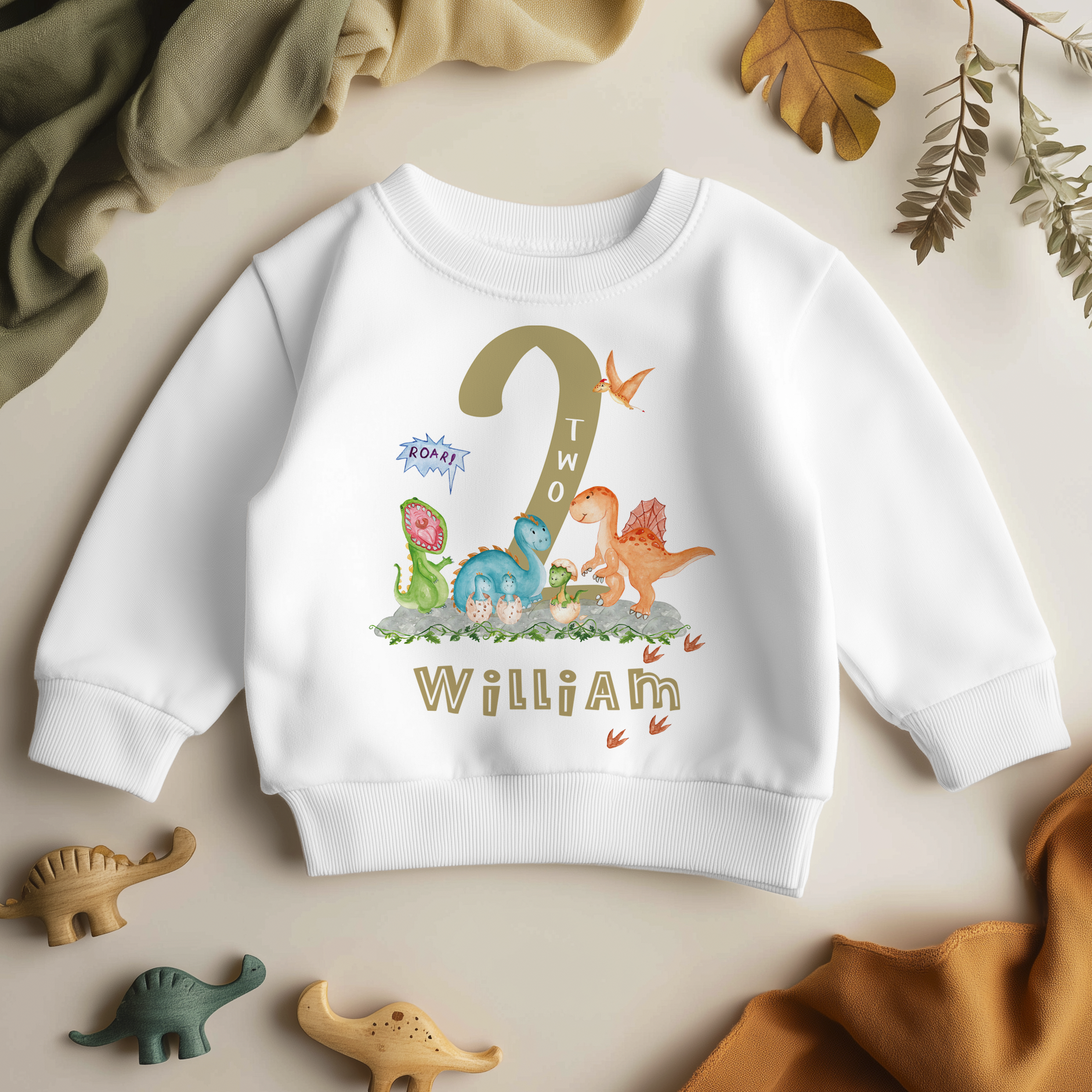 Personalised Name Kids Jumper 2nd Birthday Dinosaurs T-Rex Roar Gold Number Footprints for Toddler Gift