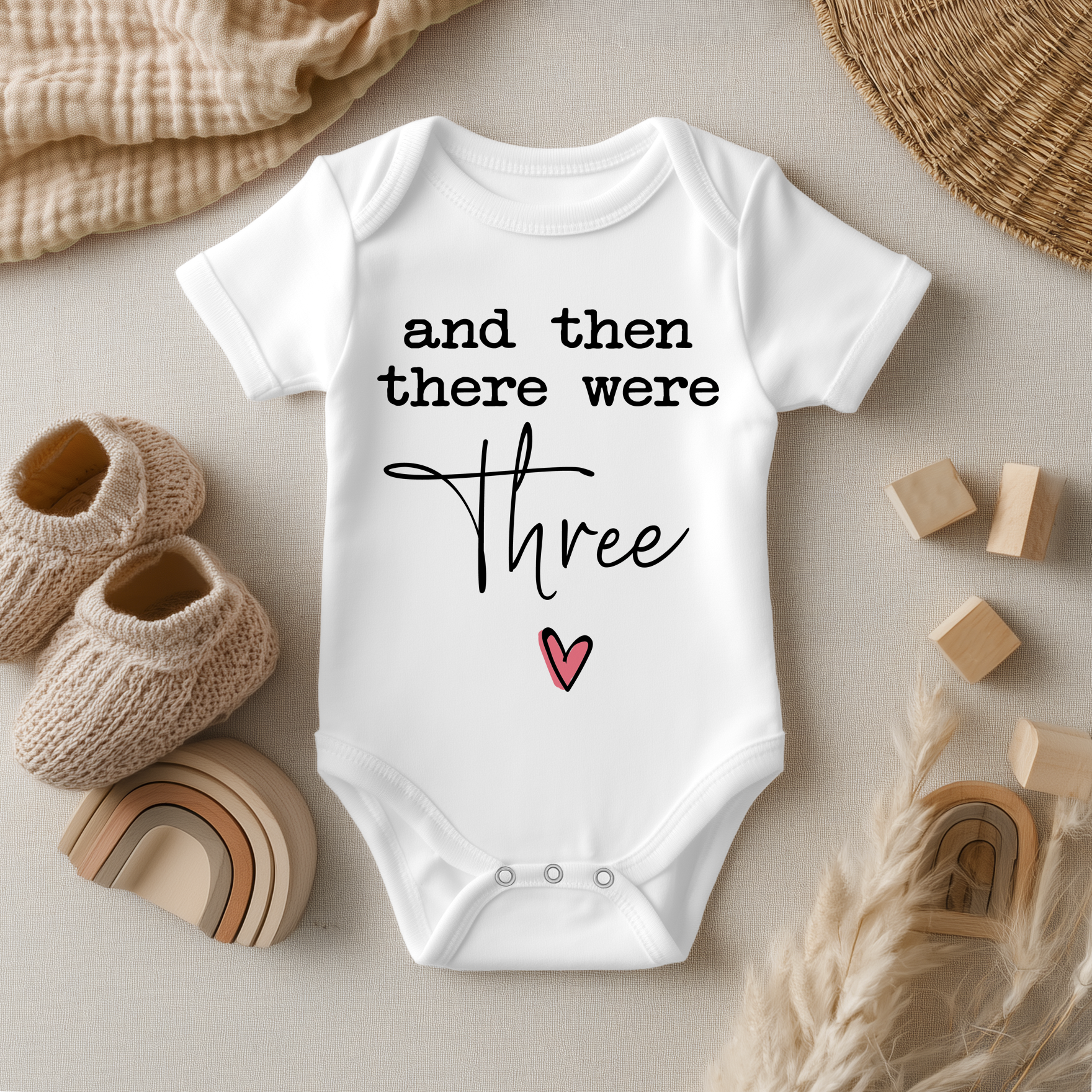And Then There Were Three Baby Vest Bodysuit Red Heart Script Lettering Announcement
