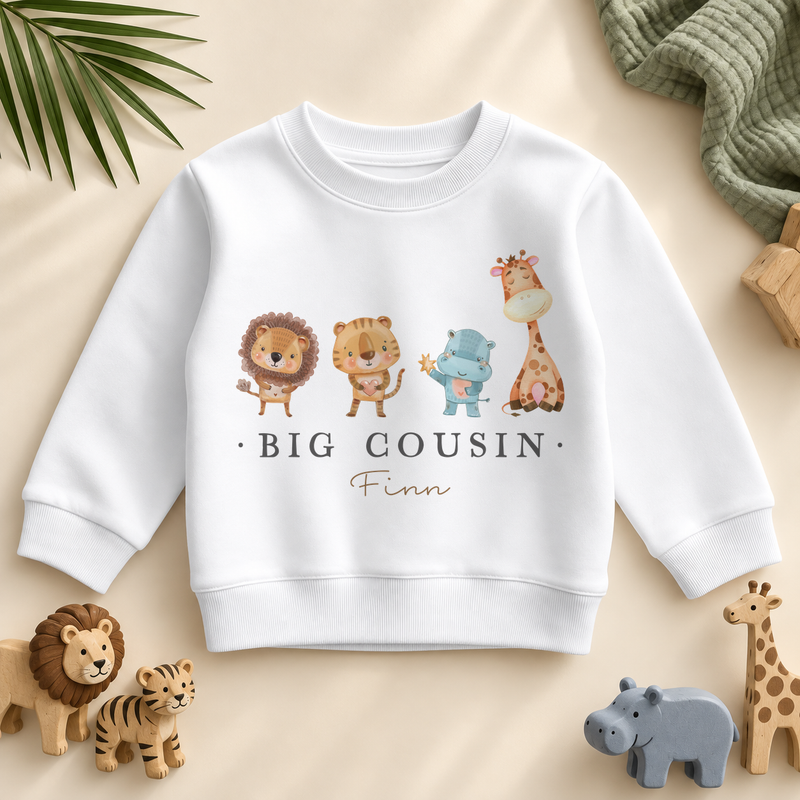 Big Cousin safari animals sweatshirt personalised with Finn, styled with matching wooden animal toys.