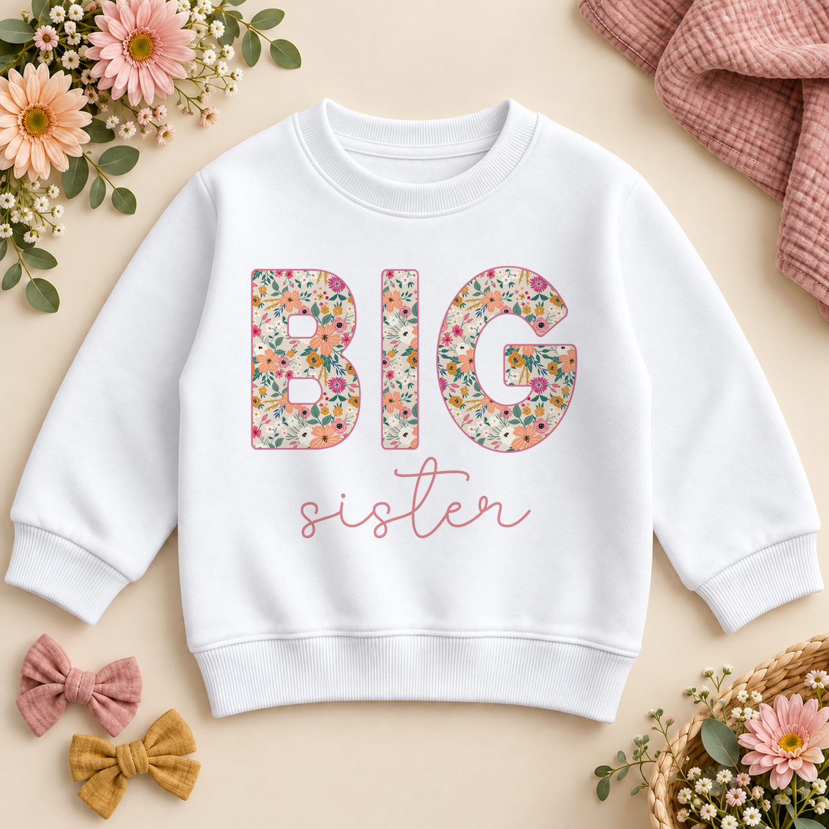 Big Sister white sweatshirt with colourful floral BIG lettering and pink sister script, styled with flowers and bows.