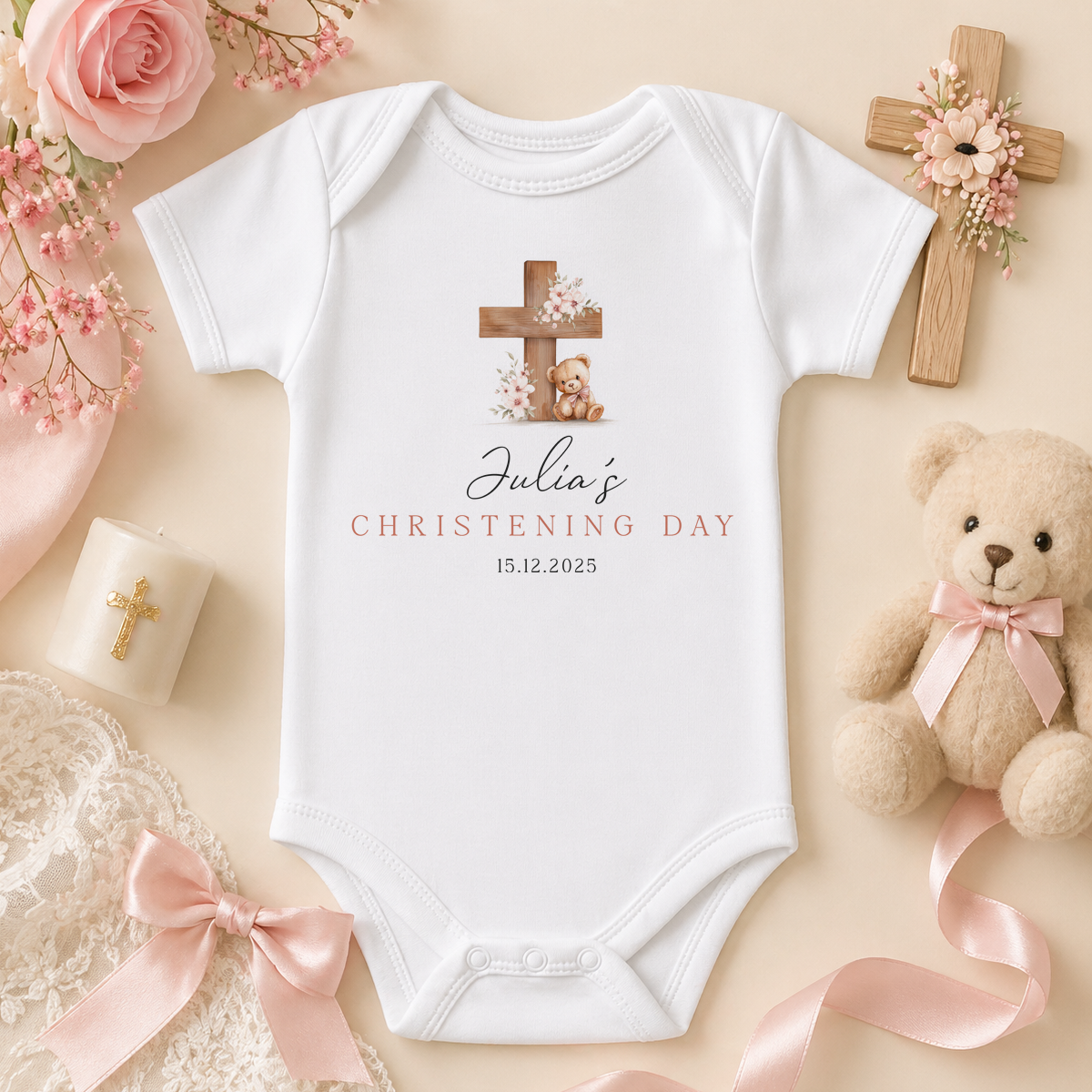Personalised Girl Christening Baby Vest Bodysuit Cross with Bear and Roses