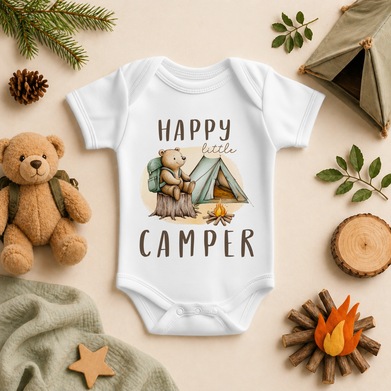 Happy Little Camper Baby Vest Bodysuit Bear and Tent