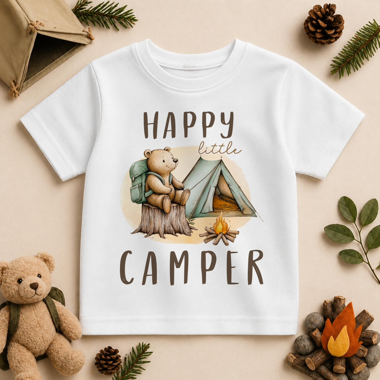 Happy Little Camper T-Shirt Bear and Tent for Toddlers and Kids