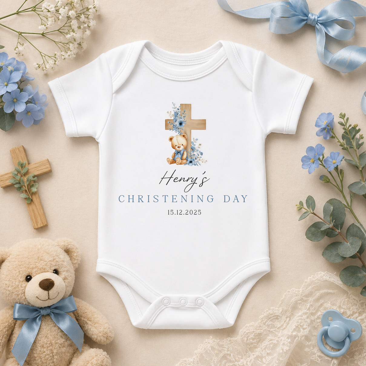 Personalised Boy Christening Baby Vest Bodysuit Cross with Watercolour Bear