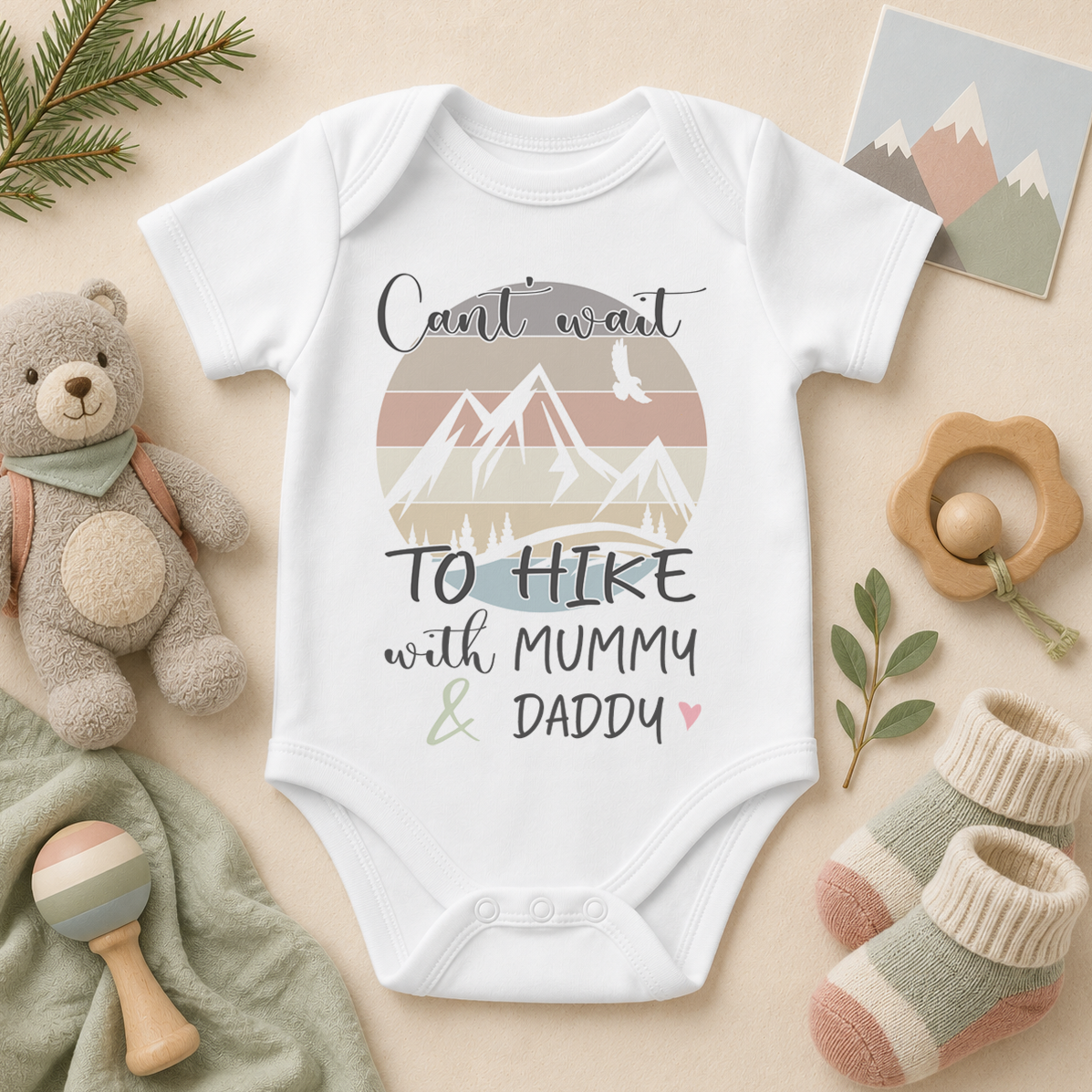 Can't Wait To Hike Baby Bodysuit Mountain Sunset Stripes Heart Script for Newborn Shower Gift