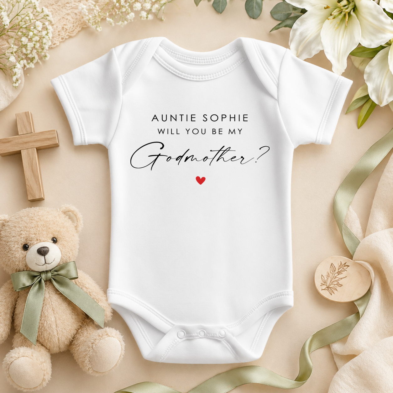 Personalised Auntie Will You Be My Godmother Christening Proposal Baby Vest Bodysuit