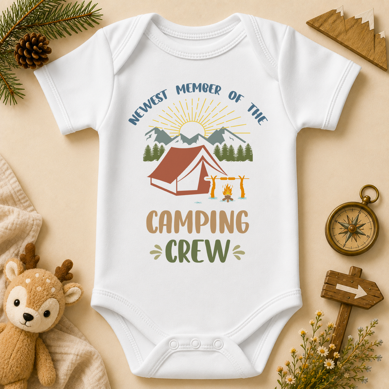 Newest Member of the Camping Crew Baby Vest Bodysuit — watercolour tent + campfire + bears scene