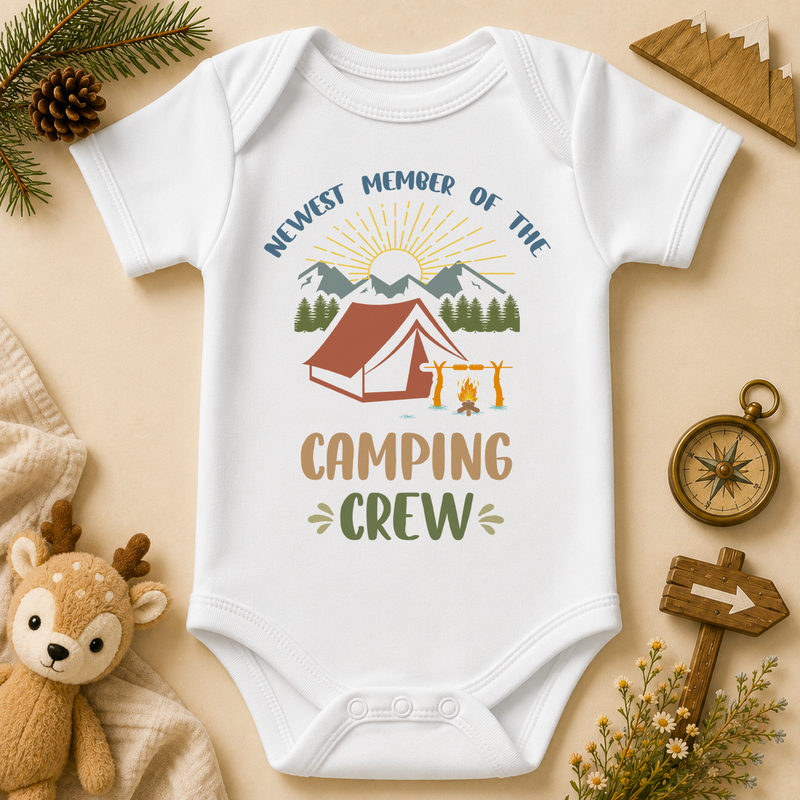 Newest Member of the Camping Crew Baby Vest Bodysuit — watercolour tent + campfire + bears scene