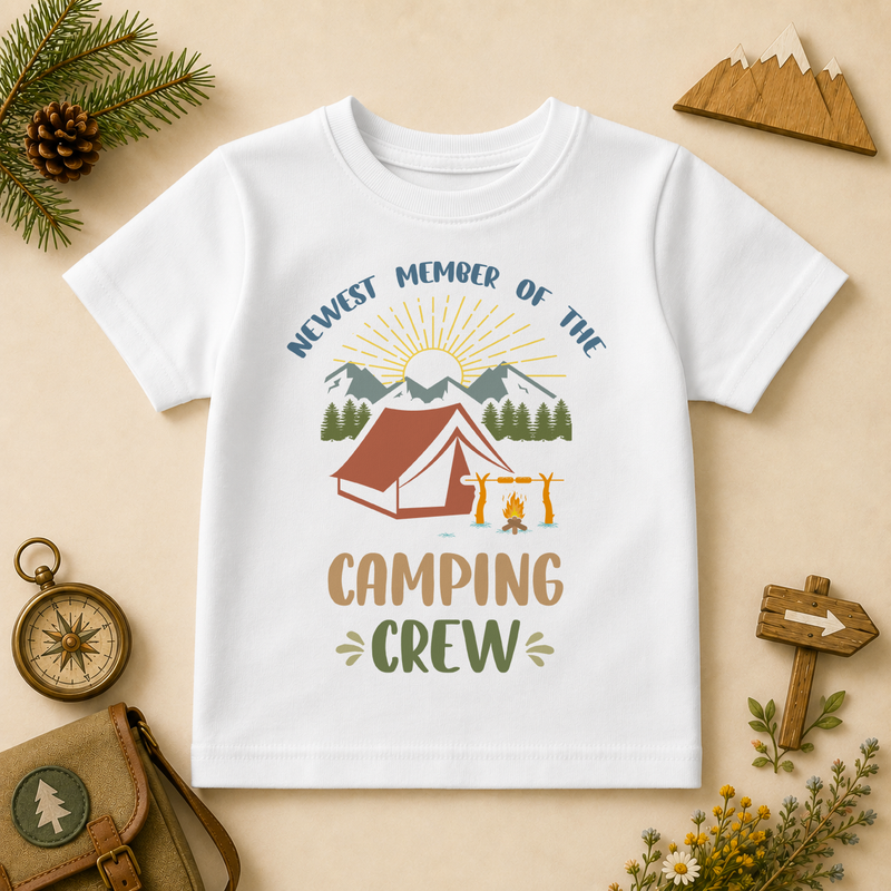 Newest Member of the Camping Crew kids t-shirt with watercolour tent, campfire and sunrise mountains
