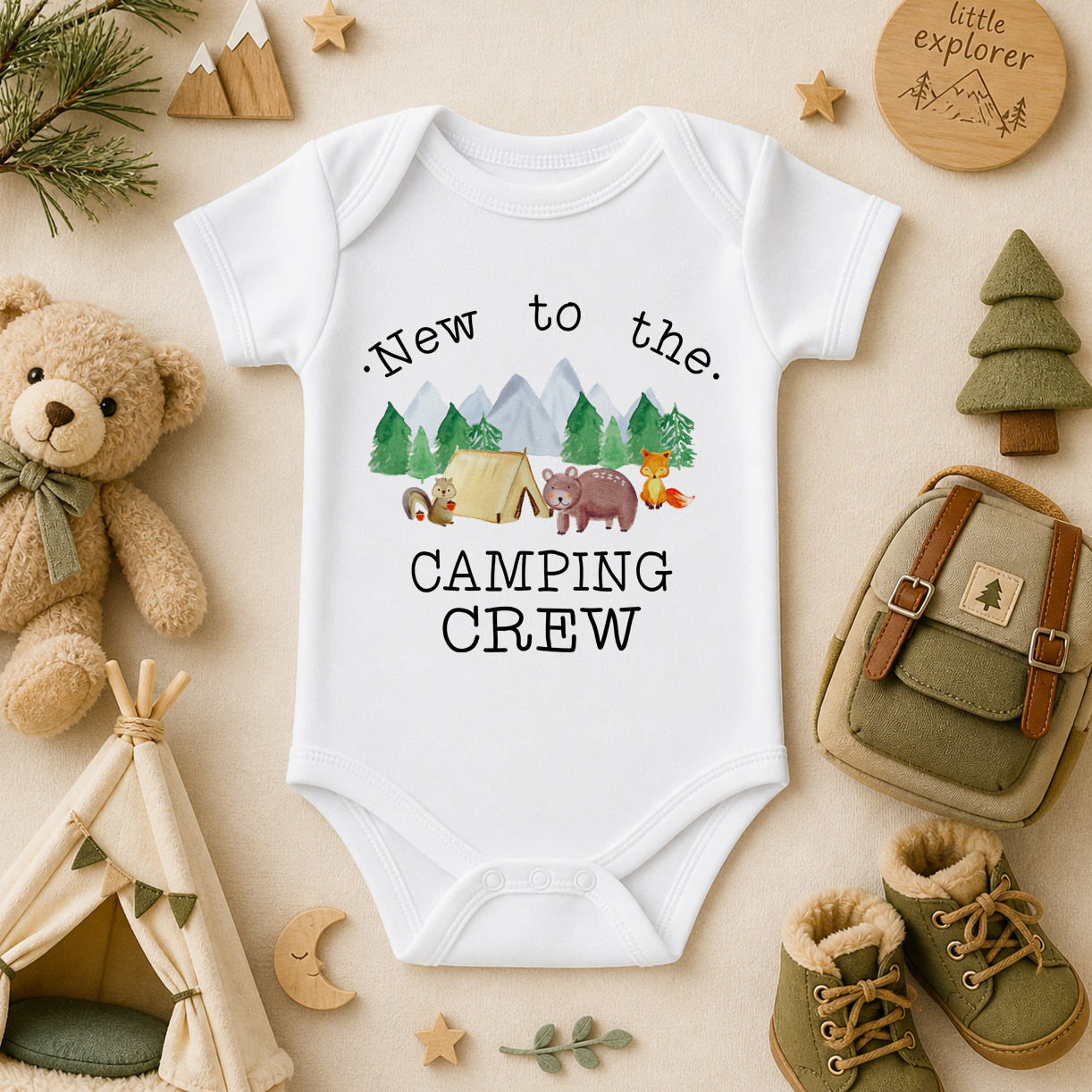 New to the Camping Crew watercolour baby bodysuit with mountains, bear, fox and tent