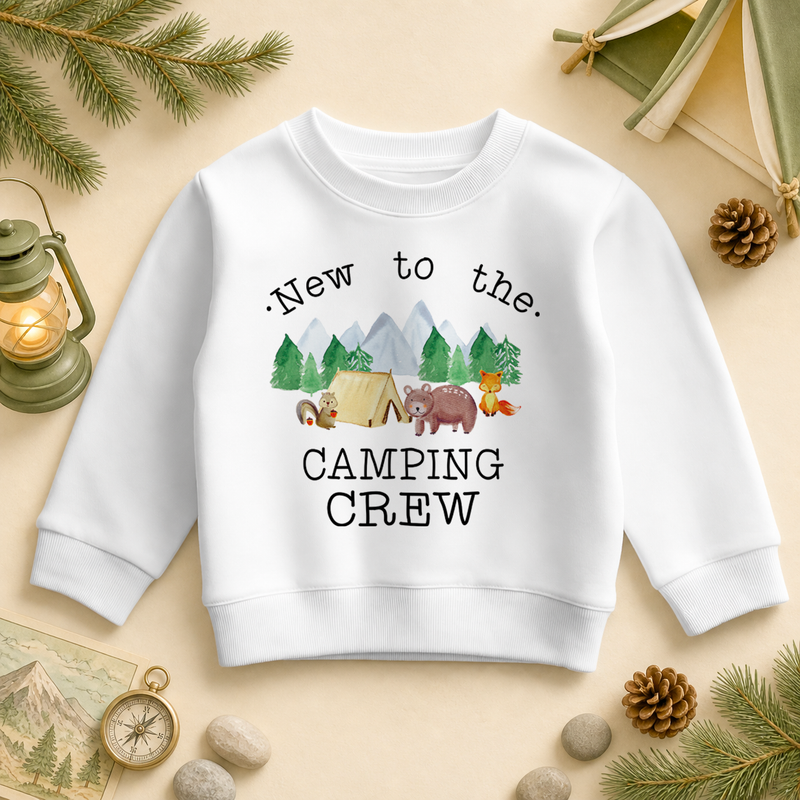 New to the Camping Crew watercolour kids sweatshirt with mountains, bear, fox and tent