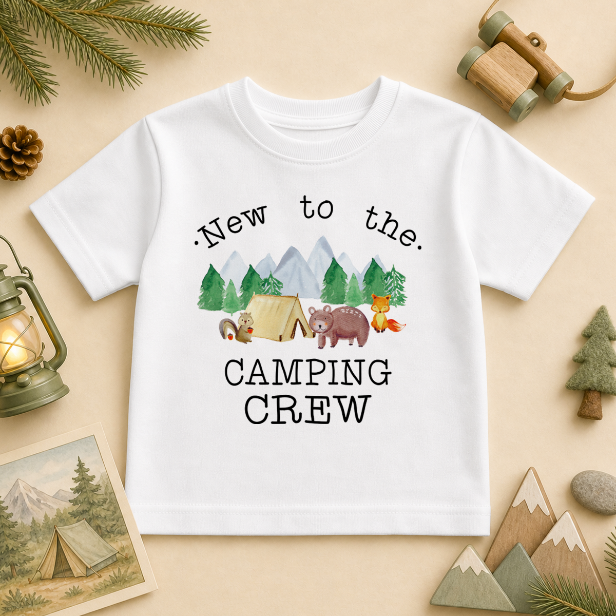 New to the Camping Crew watercolour kids t-shirt with mountains, bear, fox and tent