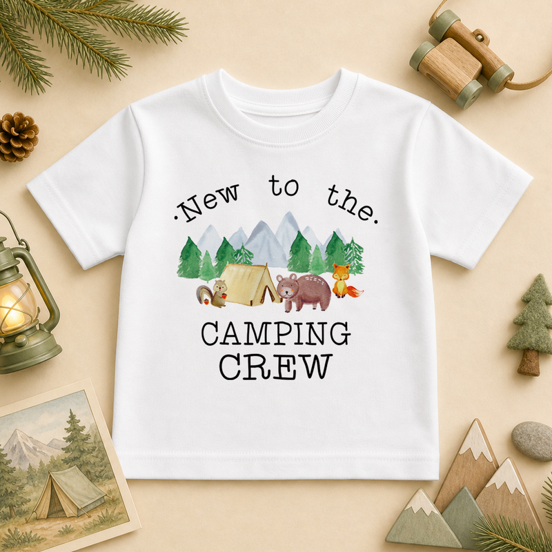New to the Camping Crew watercolour kids t-shirt with mountains, bear, fox and tent