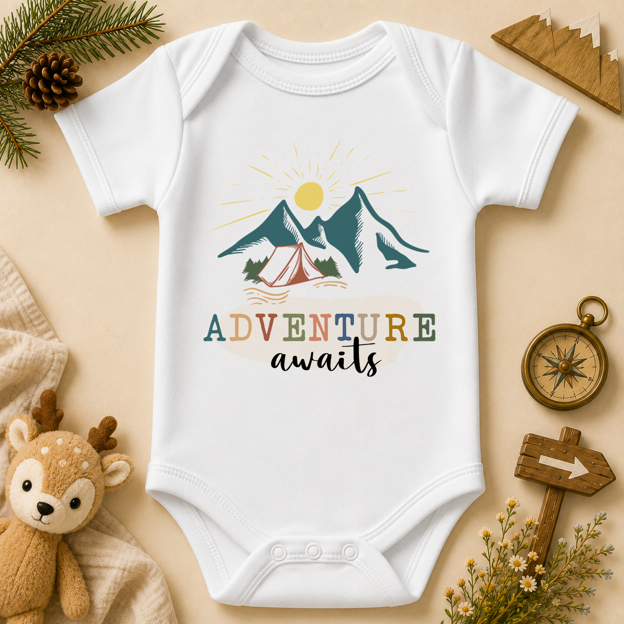 Adventure Awaits Camping Baby Vest Bodysuit, Watercolour Mountain Tent Sunrise