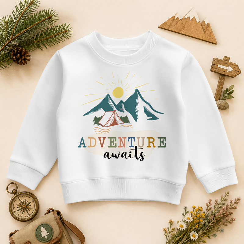 Adventure Awaits kids sweatshirt with watercolour mountains, tent and sun