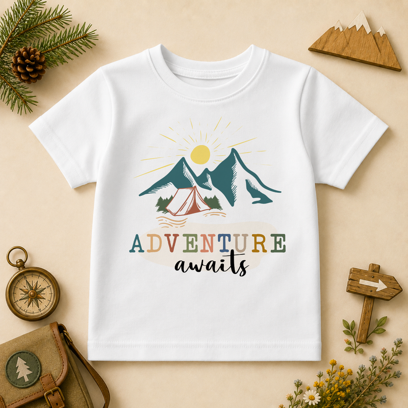 Adventure Awaits kids t-shirt with watercolour mountains, tent and sun