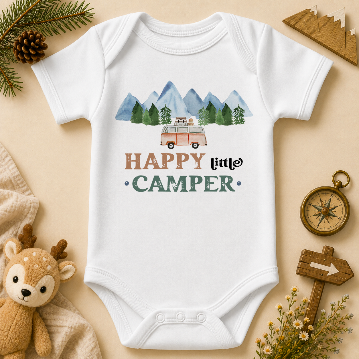 Happy Little Camper watercolour baby bodysuit with mountains and retro campervan