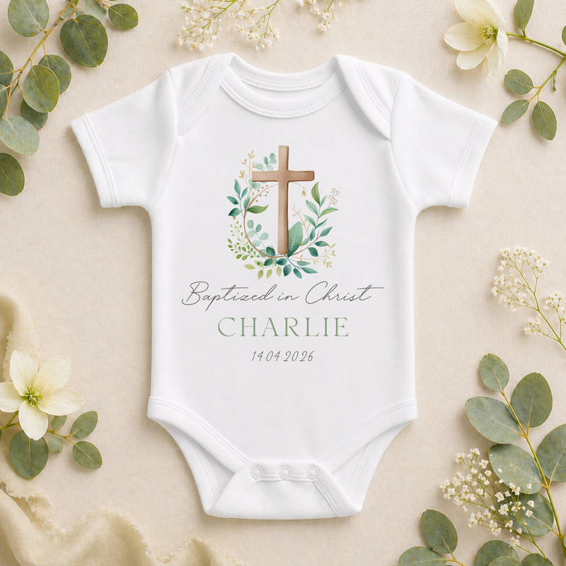 Personalised Christening Eucalyptus Cross Baby Vest Bodysuit, Baptised in Christ with Name and Date