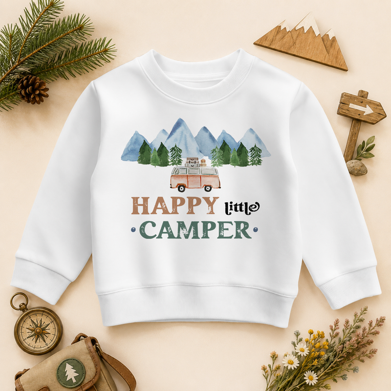 Happy Little Camper watercolour kids sweatshirt with mountains and retro campervan