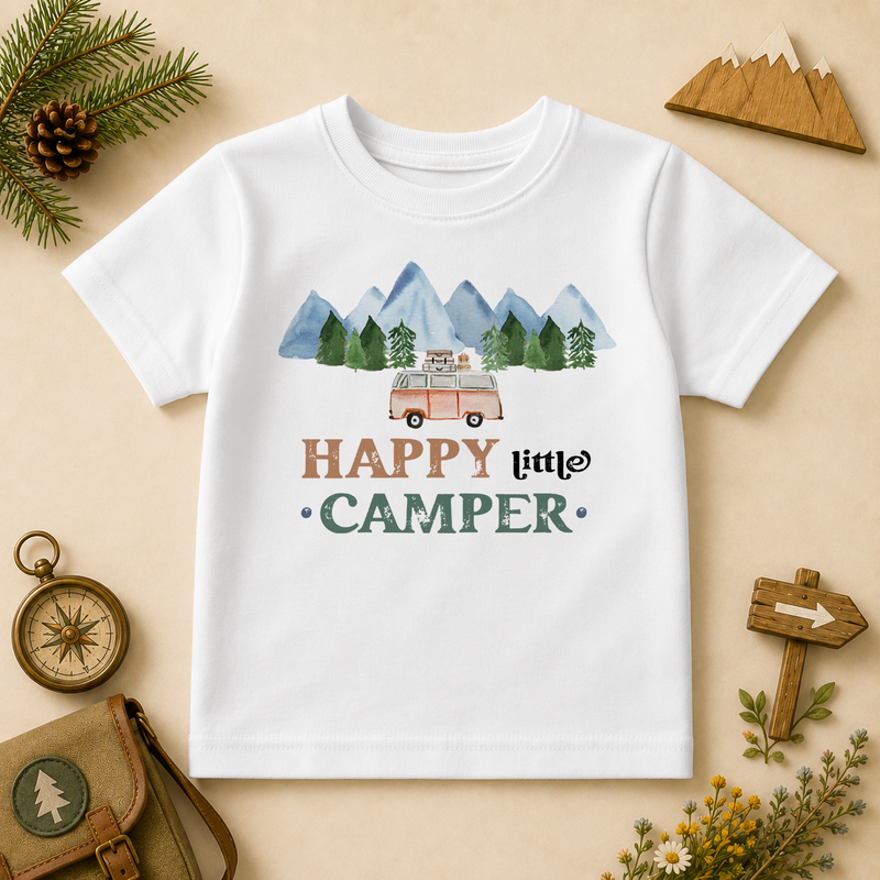Happy Little Camper watercolour kids t-shirt with mountains and retro campervan