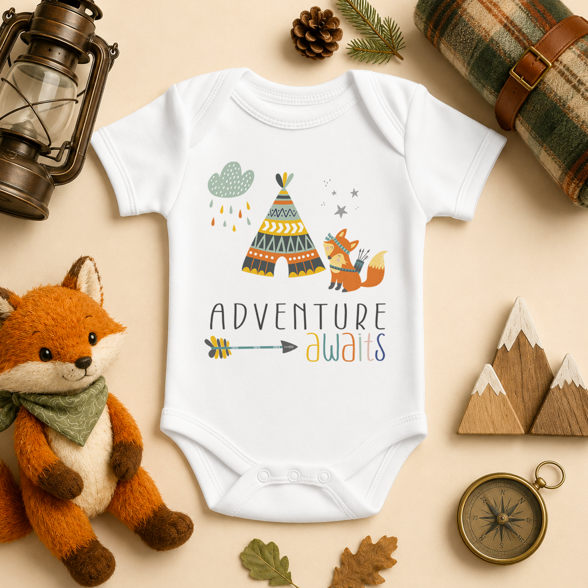 Adventure Awaits watercolour baby bodysuit with teepee, fox and small mountains