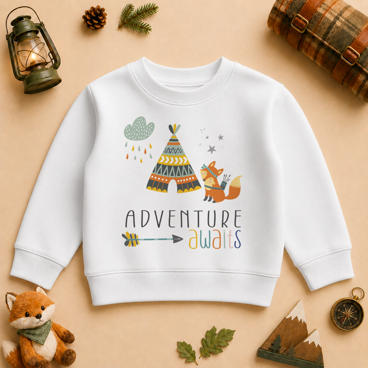 Adventure Awaits watercolour kids sweatshirt with teepee, fox and small mountains