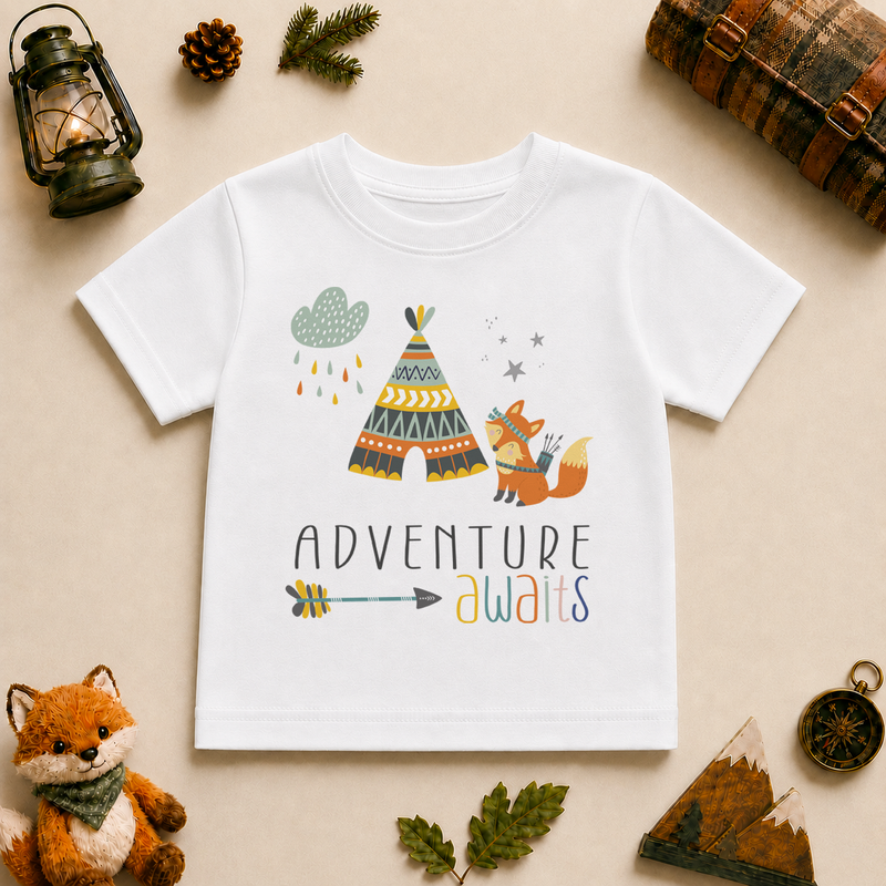 Adventure Awaits watercolour kids t-shirt with teepee, fox and small mountains
