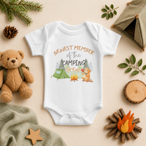 Newest Member of the Camping Crew Baby Vest Bodysuit, Watercolour Bear Fish Campfire