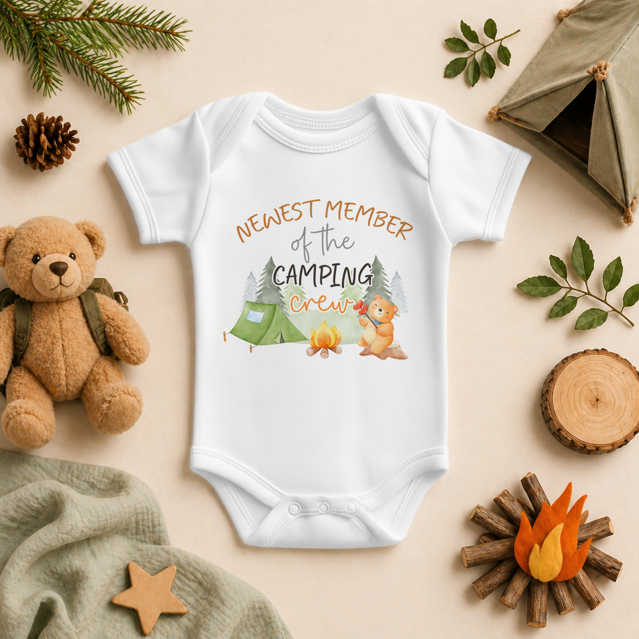 Newest Member of the Camping Crew watercolour baby bodysuit with bear, fish and campfire