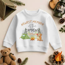 Newest Member of the Camping Crew Kids Sweatshirt, Watercolour Bear Fish Campfire
