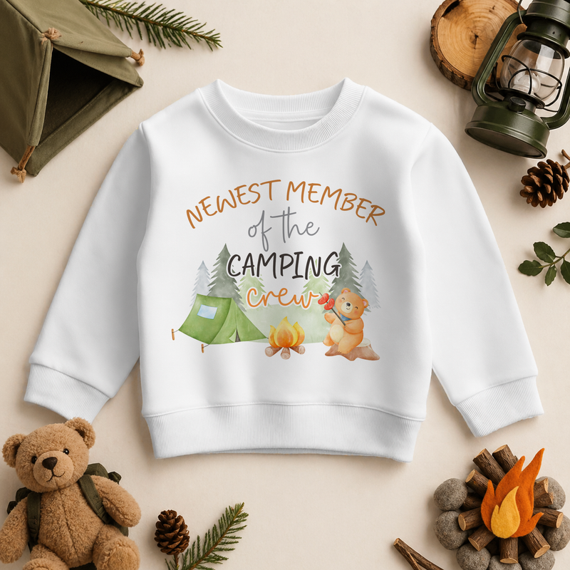 Newest Member of the Camping Crew watercolour kids sweatshirt with bear, fish and campfire