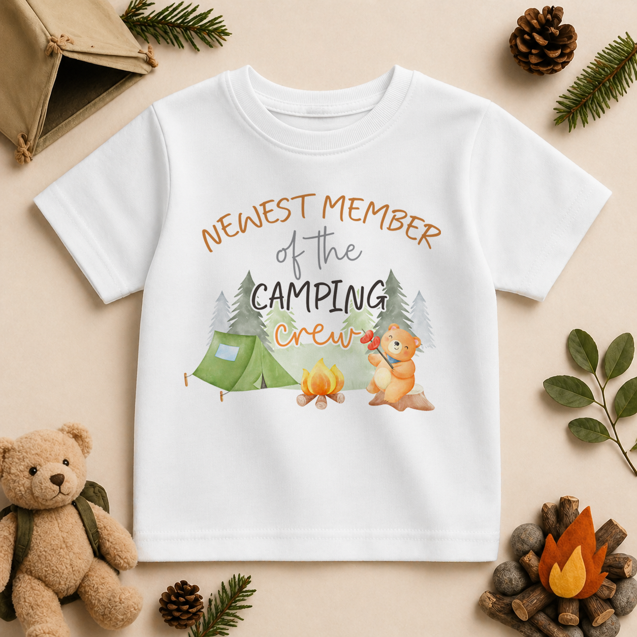 Newest Member of the Camping Crew watercolour kids t-shirt with bear, fish and campfire