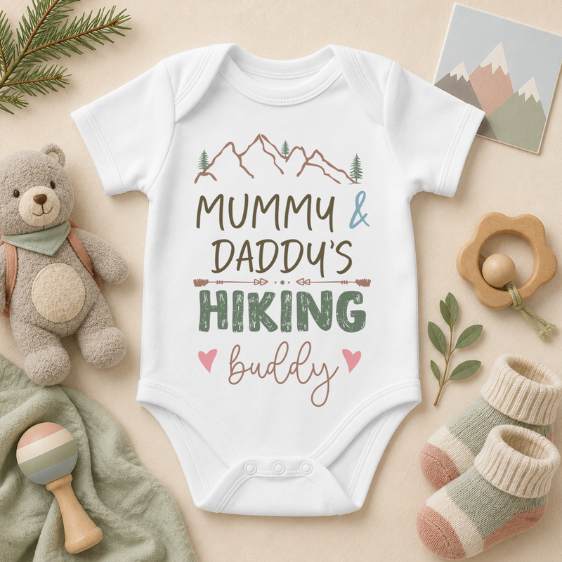 Mummy and Daddy's Hiking Buddy watercolour baby bodysuit with mountains, arrows and hearts