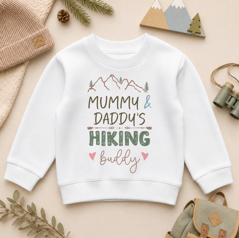 Mummy and Daddy's Hiking Buddy watercolour kids sweatshirt with mountains, arrows and hearts