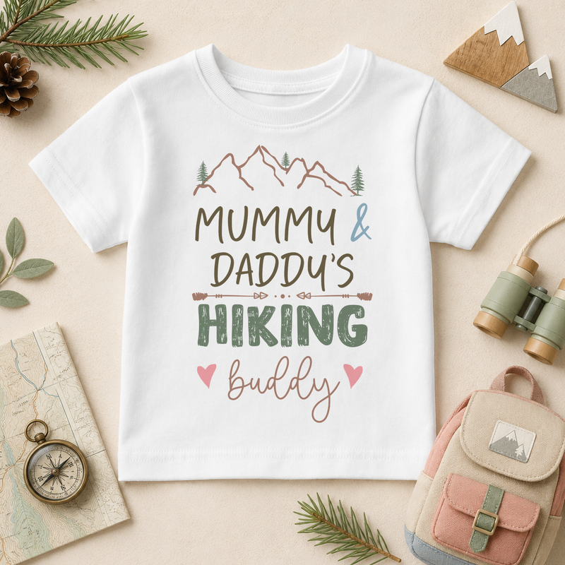Mummy and Daddy's Hiking Buddy watercolour kids t-shirt with mountains, arrows and hearts