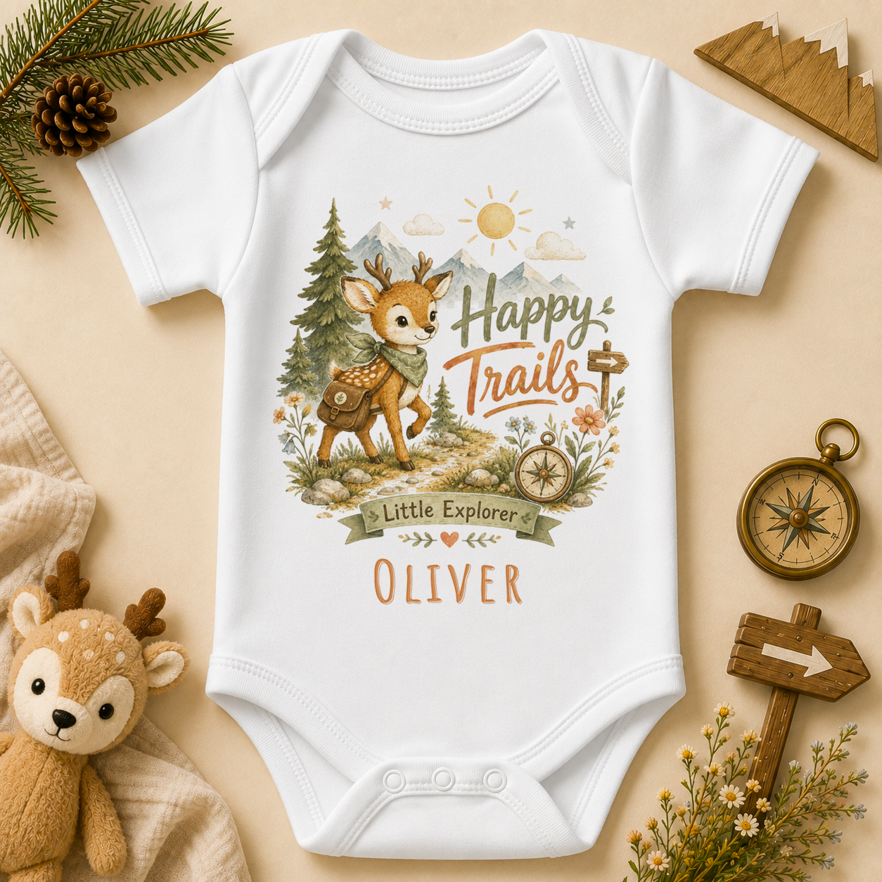 Personalised Happy Trails Watercolour Fawn Little Explorer Baby Vest Bodysuit with the name OLIVER