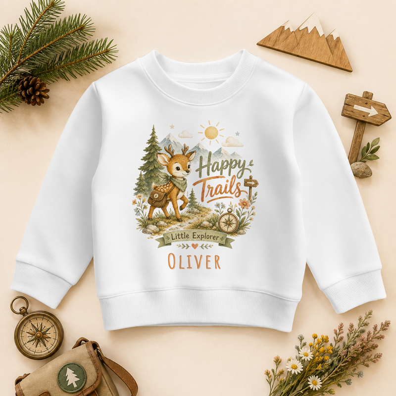 Personalised Happy Trails Watercolour Fawn Little Explorer Sweatshirt with the name OLIVER