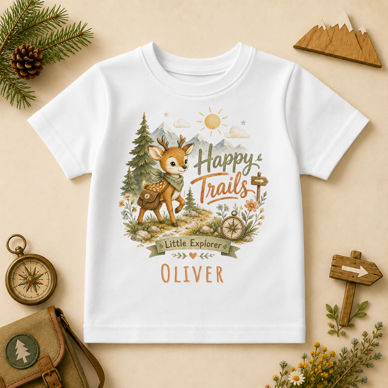Personalised Happy Trails Watercolour Fawn Little Explorer T-Shirt with the name OLIVER