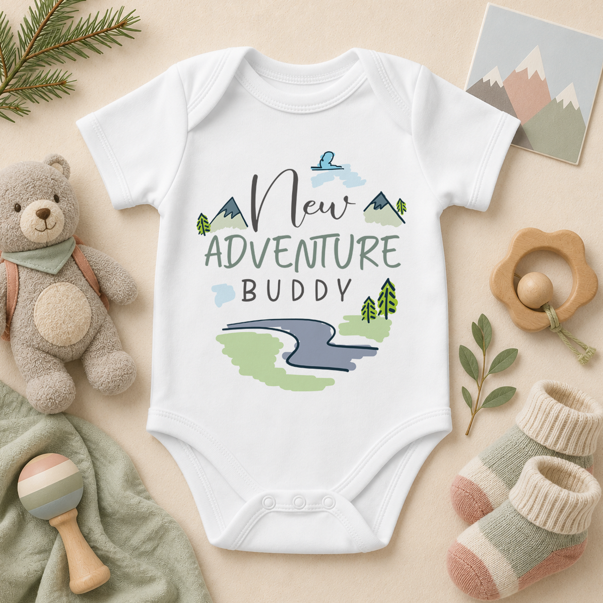 New Adventure Buddy Hiking Baby Vest Bodysuit, Watercolour Mountains River