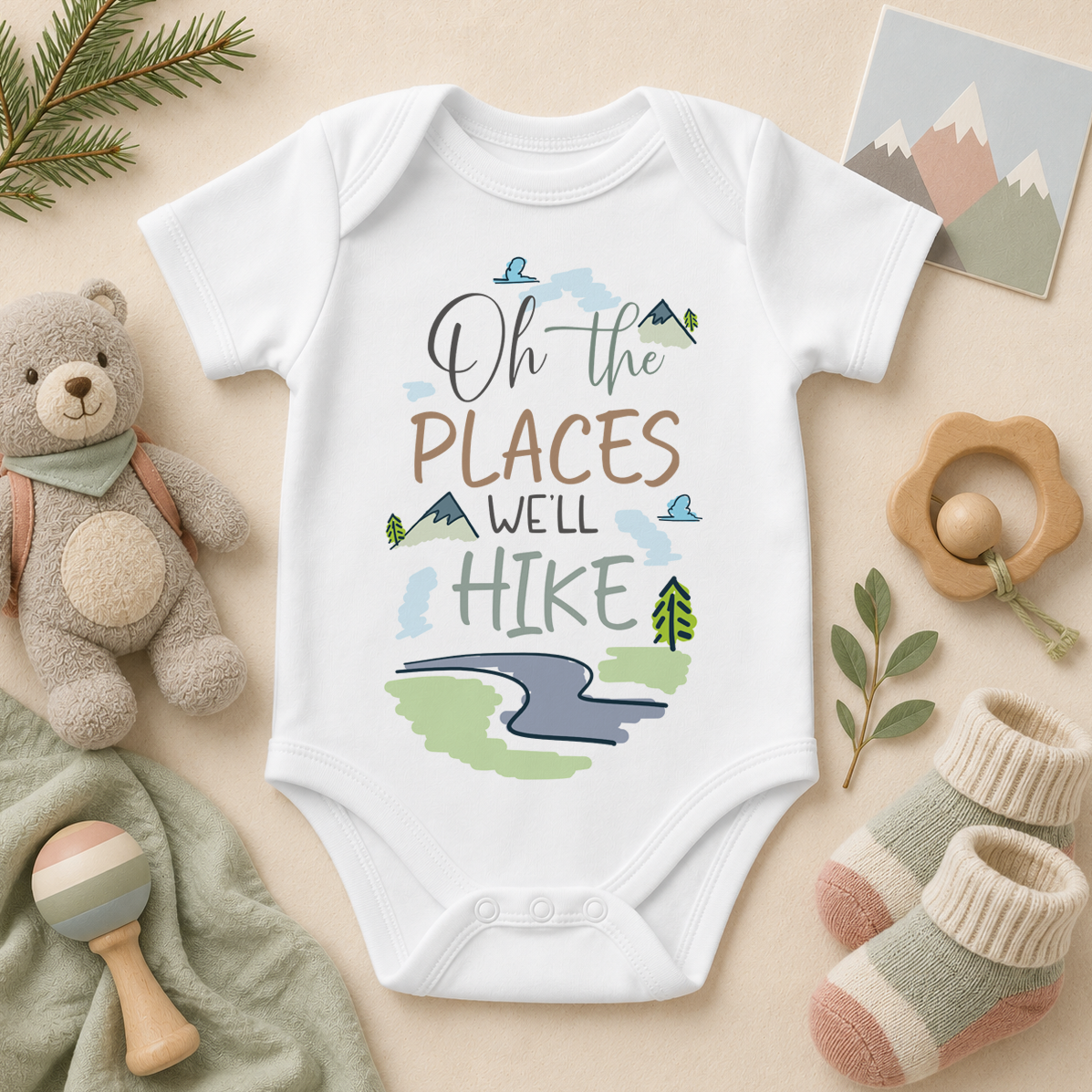 Oh the Places We'll Hike watercolour baby bodysuit with mountains, clouds and winding path