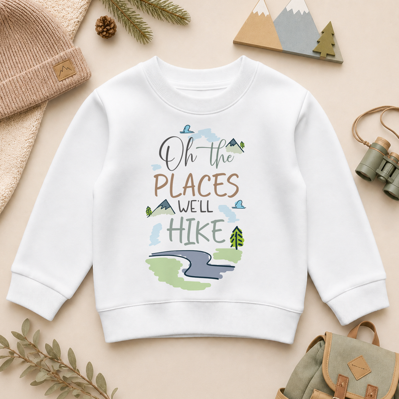 Oh the Places We'll Hike watercolour kids sweatshirt with mountains, clouds and winding path