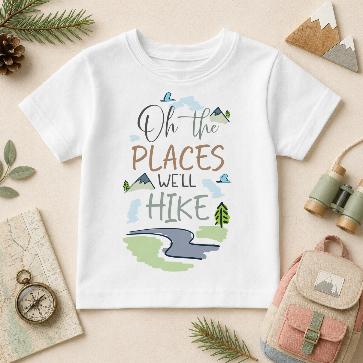Oh the Places We'll Hike watercolour kids t-shirt with mountains, clouds and winding path